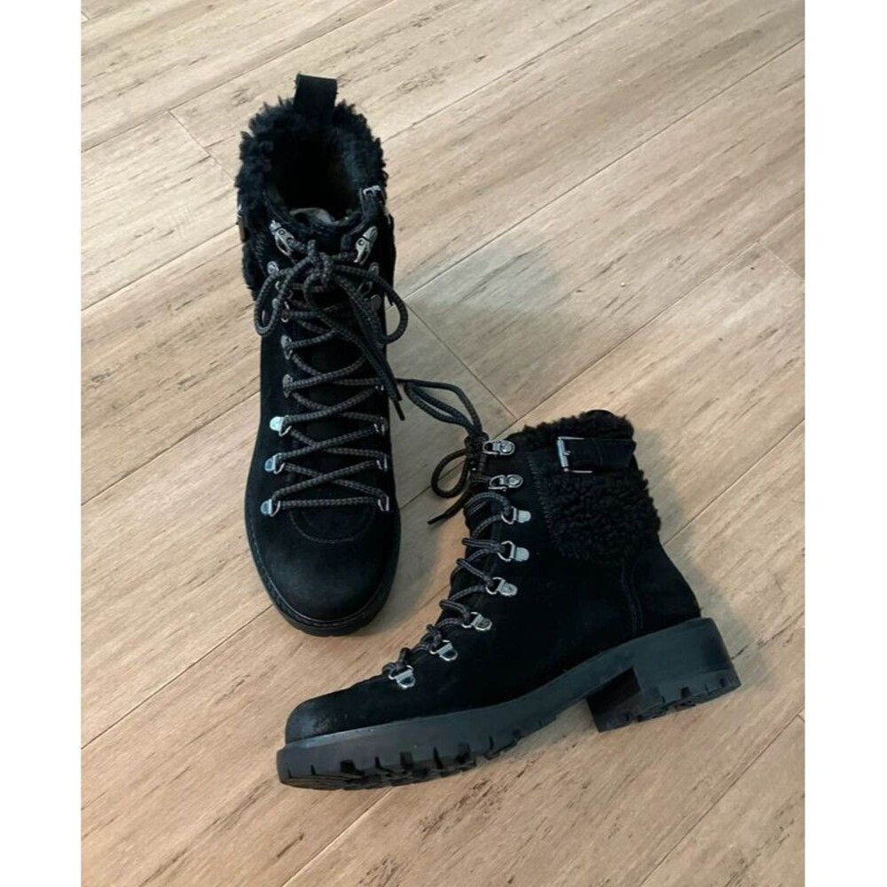 Sam Edelman black cuffed lace up leather mid calf heeled boots size 7